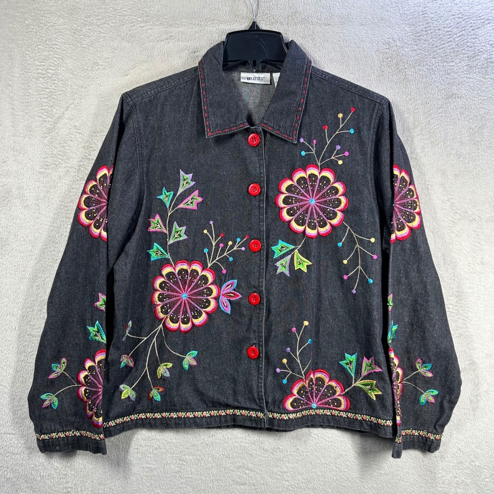 Units Denim Jacket Women's M Black Embroidered Boho Hippie Floral Beaded Art